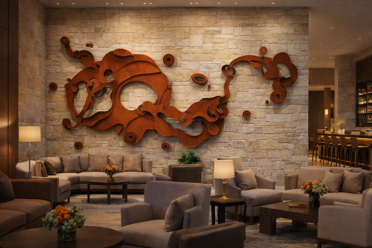 Corten steel relief installation in a hotel lounge — organic flowing forms mounted on natural stone wall